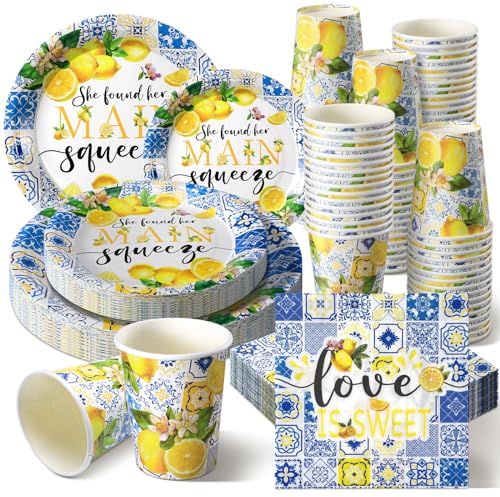 Zhehao 250 Pcs Lemon Bridal Shower Plates Napkins Sets 50 Pcs 9'' Dinner Plates and 7'' Dessert Plate and 9oz Cups 100 Napkins Serves 50 Party Supplies Bridal Shower Engagement Decoration