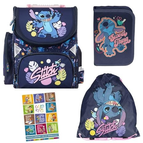Goldkids - Schulranzen für Jungen und Mädchen, 4er-Set - Schul-Rucksack für Kinder mit Federmäppchen - Schuhbeutel und Hausaufgabenheft - Lilo und Stitch Motiv - 1-3 Klasse