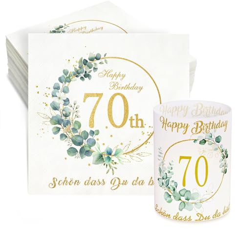 32 Eukalyptus Servietten 70. Geburtstag+8 Windlicht Tischdeko 70 Geburtstag Schön DASS Du Da Bist Deko 70. Geburtstag Frau Mann Geburtstag Windlichter Servietten Happy Birthday Tischdeko