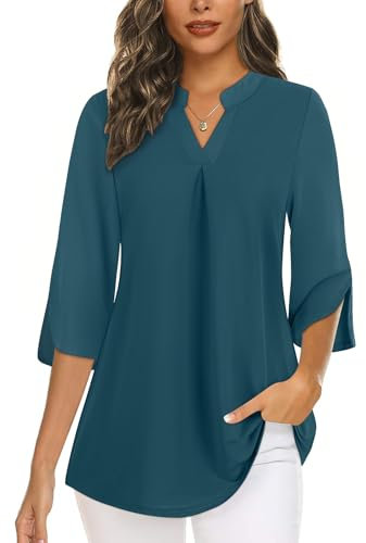 Flikity Women's Blouses & Shirts 3/4 Sleeve Tops for Women UK Professional Office Clothes for Work Tunic Tops for Leggings Ladies Blouses V Neck Business Casual Dress Shirts Dark Cyan Medium