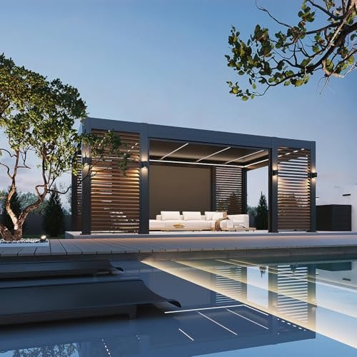 Weide Prestige Pergola | Voll-Alu-Pavillon | 3,6 x 6,57 M | Inkl. LED, 4X Lamellenwand & 4X Sonnenrollo | Lamellendach Anthrazit