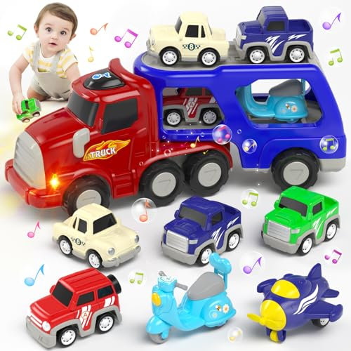 Usrela Camion Transporteur 7 en 1 pour Garçons 3-5 Ans - Jouet Voiture à Tirer avec Lumière et Musique - Jeux Éducatifs - Cadeau d'Anniversaire de Noël