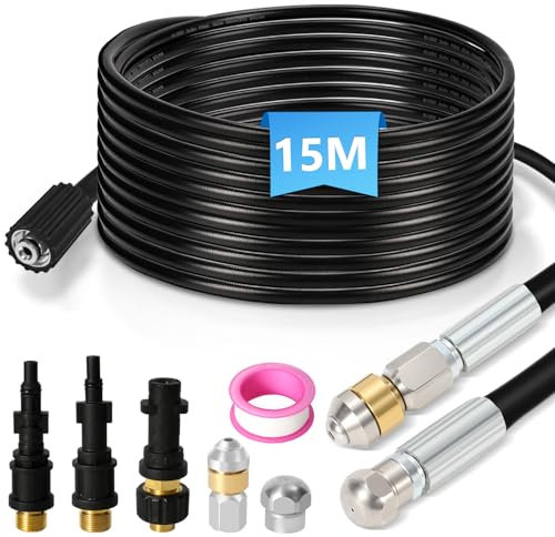Vigevee Rohrreinigungsschlauch Set 15M, mit Düsen starr + rotierend, 3 Adapter, für handelsübliche Hochdruckreiniger, universelles Rohrreinigungs Set
