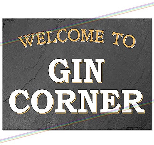 Gin Corner Metal Signs. Mancave Wall Plaques for Shed Garage Kitchen Indoor & Outdoor Tin Sign. Man Cave Vintage Memorabilia Reproduction Retro Design. 20cm x 15cm