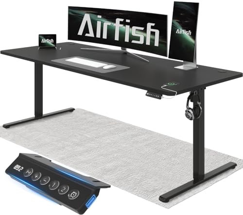 Airfish Höhenverstellbarer Schreibtisch 200x80cm mit USB-Buchse, Schreibtisch Höhenverstellbar Elektrisch mit Memory Funktion, 73-118cm,Schwarz