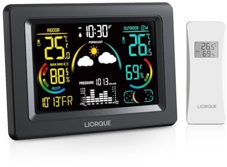 LIORQUE Stazione Meteo con Sensore Esterno, Display a colori LCD VA, Stazione Meteo con Sveglia, Fase Lunare, Previsioni Meteo, Data,Retroilluminazione Regolabile, Igrometro