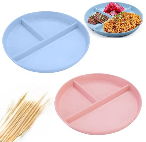 Assiettes Divisées,Assiette Plate Divisées,Assiettes Familiales, Assiettes Divisées Plastique,Assiettes Plates Incassables 3 Compartiments,Diamètre 22 cm Réutilisables Assiettes,2 PCS