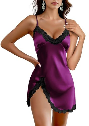 Weardear Chemise de Nuit Femme Satin Nuisette en Courte Sexy Col en V Robe de Nuit Bretelles Spaghetti Violet