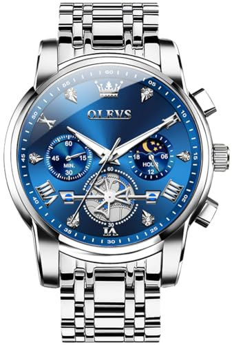 OLEVS Uhren Herren Blaues Zifferblatt Edelstahl Lässig Quarzuhren Herren Multifunktional Chronograph Römische Ziffern Silberne Armbanduhr Wasserdicht Analog Tourbillon Leuchtende Herrenuhr