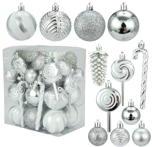 CGVG 40er Weihnachtskugeln Set Rot Christbaumkugeln Kunststoff Weihnachtsbaumschmuck Bruchsichere Weihnachtsbaumkugeln Christmas Decorations Weihnachten Dekoration Tannenbaumschmuck (Silber)