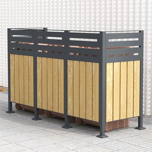 Youyijia Metall Mülltonnenzaun, Mülltonnendeckel für 60/120/240 L Mülltonnen, rostfrei und stabil, Mülltonnenverkleidung mit Sichtschutz, 245x150x85cm für 3 Mülltonnen, grau/Holzoptik Mülltonnenbox