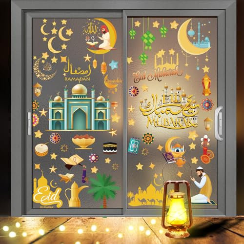 Sfoni 135 Stück Fensterbilder Ramadan Eid Mubarak Fensterbilder Selbstklebend Doppelseitig Fensteraufkleber Ramadan Fensterbild Deko Stern Mond Muslim Fensterdeko für Islamischen Feiertag