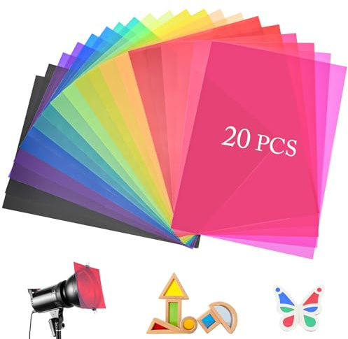 Peevisap 20 Stück A4 Transparent Farbfilterfolie Farbkorrektur Farbfilter, 10 Farben Hitzebeständige Folie, für Foto Lampe Scheinwerfer Strobe Blitz LED