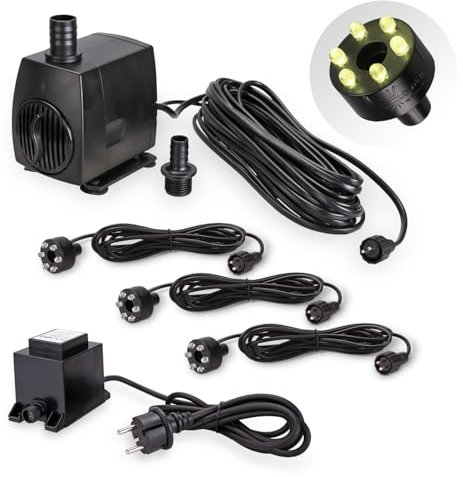 CLGarden Springbrunnen Pumpe SP3 mit Licht 3x LED Ring Beleuchtung warm weiß 12V Springbrunnenpumpe für Gartenbrunnen Quellstein Wasserspiel 1300 l/h