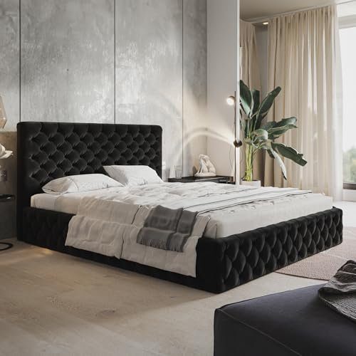 MOTIVENA Dalia Chesterfield Bett 200x200, Chesterfield Polsterbett, Polsterbett 200x200 Samt, mit Bettkasten, mit Stauraum, mit Lattenrost, mit Kopfteil, Matratze H3, Schwarz
