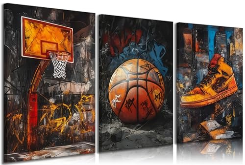 3 x Graffiti-Basketball-Leinwand-Kunst, Basketballplatz-Sneaker, Bilder, Wanddekoration, Retro, abstrakt, Graffiti, Teenager, Poster, Drucke für Teenager, Jungen, Wohnzimmer, Schlafzimmer, Dekoration