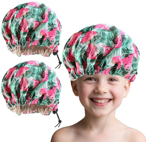 Flomiara 2 Pcs Shower Cap for Kids, Kids Shower Caps for Girls, Cute Hair Cap Wide Elastic Band, Reusable Waterproof Shower Cap, Bath Cap for Kids Girls Boys, Watermelon Shaped Funny Interesting Shape