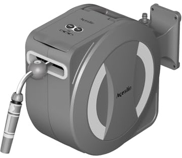 Aqualin Avvolgitubo elettrico da giardino retrattile alimentato a batteria, 30 m + 2 m, orientabile a 180°, blocco e riavvolgimento automatico, con fissaggi a parete e ugello spray