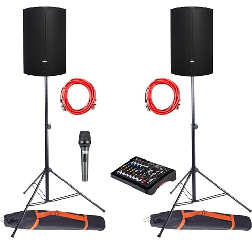 Fame Audio Mic/Line Analogmixer, 2 Discovery 12A DSP Lautsprecher Set mit Ständern & Mikrofon