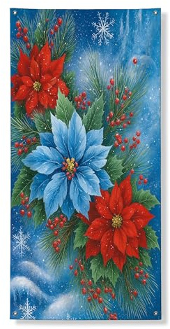 Decorazione per porta floreale natalizia, con piante di stella di Natale blu e rosso, decorazione per porta d'ingresso, per interni ed esterni, forniture per vacanze invernali 91 x 182 cm
