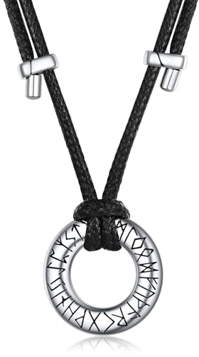 Richsteel Halskette Herren Lederkette Wikinger Schmuck Kette Herren Damen | Lederband für Ketten Männer Damen mit Mobius Rund Runen Anhänger Schwarz/Silber verstellbar Wikinger Kette 56-61cm/41-81cm