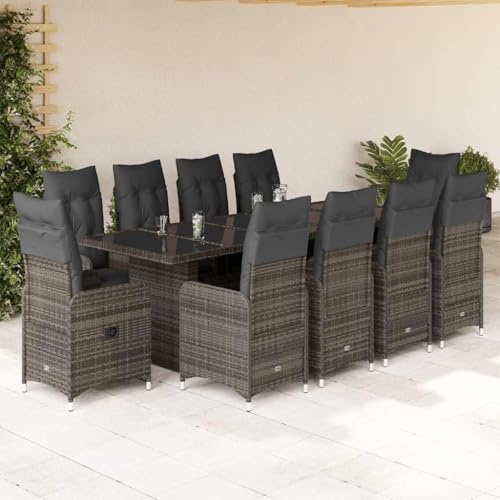QJBSAVVA 11-TLG. Poly-Rattan Gartenmöbel Set Grau mit verstellbaren Liegesesseln 240×90 cm Tisch Balkon Terrasse Lounge Sitzgruppe für kleine Balkone