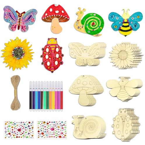 Holz Bastelset kinder,24 Stk Holzanhänger zum Bemalen Schmetterling Blume,Bastelset Holz Kinder,Basteln Kindergeburtstag,DIY Edelsteinaufkleber Schnur für Bastelsets Kinder ab 4 5 6 7 8 9 Jahre