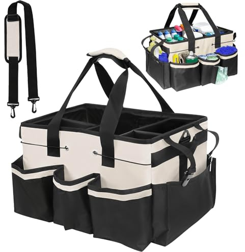 JDHUIOO Cleaning Caddy Organizer with Handle and Removable Dividers | Large Multi-Compartment Cleaning Caddy Bag with Adjustable Shoulder Strap for Home, Car, Office, Housekeepers, Janitors