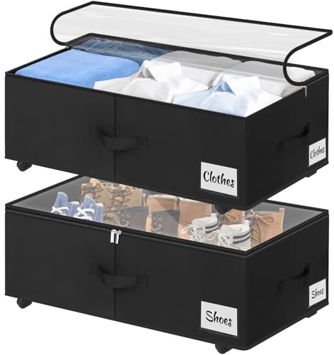Kukikan Under Bed Storage on Wheels, 2-Pack 24 CM XXL 75L Rolling Under Bed Storage Bag with Zip, Simple Assembly Under Bed Storage Box with Lid & Label, Under Bed Drawers for Clothing, Shoes, Black