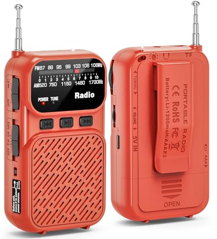 Tendak Radio Portatili FM/AM, Mini Radio a Batteria Radio Piccola con Batteria da 1200 mAh, Radio Tascabile con Bluetooth, Radio a Transistor a Batterie AAA con Luce di Lettura/TF, Caricatore USB-C