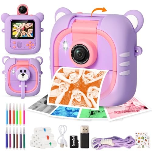 ARNSSIEN Kinderkamera Sofortbildkamera Kinder Farbdruck mit 180°Flip&2,4'' | 1080P HD Digitalkamera,7 Papier (4x Farbe:O/R/G/B + 3x SW). Für 3-12 Jahre Jungen Mädchen Festival Geburtstag Geschenk,M2