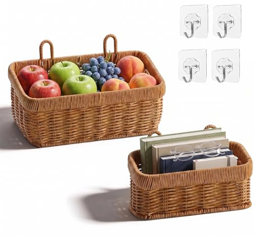 2 PCS Woven Storage Basket, Hanging Storage Baskets with Hooks Handwoven Durable Rattan Wicker Wall Basket Wall Mounted Organiser for Kitchen Bathroom Vanity Countertop