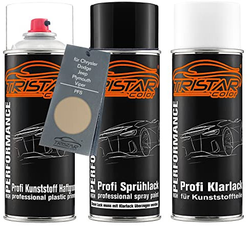 TRISTARcolor Autolack Spraydosen Set für Kunststoff Stoßstange für Chrysler/Dodge/Jeep/Plymouth/Viper PFS Cashmere Metallic Haftgrund Basislack Klarlack mit Weichmacher