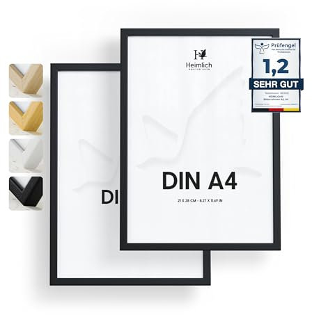Heimlich Cadres photo A4 21 x 30 cm, pin, noir, lot de 2 - Cadres pour documents, certificats, diplômes avec plastification - Montage mural ou sur table