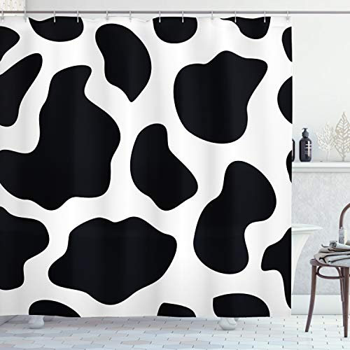 ABAKUHAUS Kuh-Druck Duschvorhang, Weiß Kuhfell Barn, Stoffliches Gewebe Badezimmerdekorationsset mit Haken, 175 x 180 cm, Schwarz Weiß