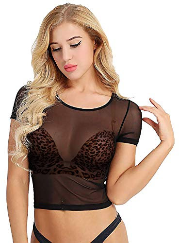 Ypser Women's Short Sleeve Mesh Crop Tops Sheer Blouse T Shirt Tee Black