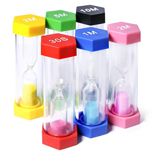 PROLOSO Bunte Sanduhren, 6-teilig, aus Kunststoff, Sanduhr, Timer, 30 Sekunden, 1 Minute, 2 Minuten, 3 Minuten, 5 Minuten, 10 Minuten, für Kinderspiele, Klassenzimmer, Zuhause, Büro, Küche