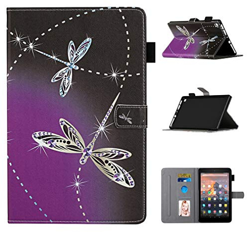 LMFULM® Hülle für Amazon Kindle Fire HD 8 2016/2017/ 2018 (8,0 Zoll) PU Magnet Lederhülle Smart Case mit Auto Schlaf/Wach Case Ständer Schutzhülle Flip Cover Libelle