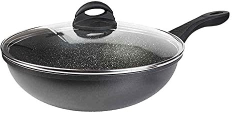 Sovereign Stone Sartén wok antiadherente con tapa de vidrio, sartén profunda con base de inducción, sartén de 28 cm con mango ergonómico