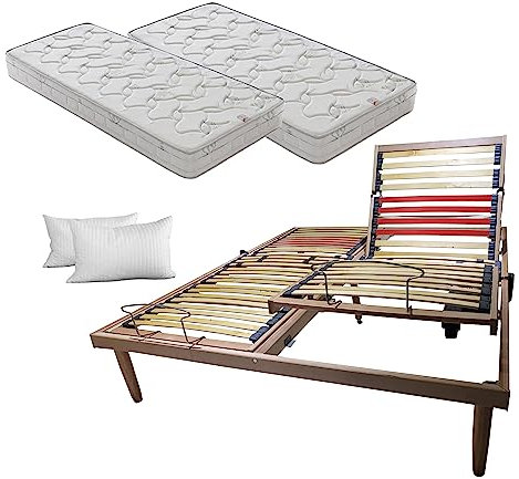 SARDAMATERASSI - Kit letto ortopedico, rete motorizzata matrimoniale doppio motore OKIN per lato, regolazione indipendente testa e piedi con telecomando + 2 materassi memory + coppia guanciali omaggio