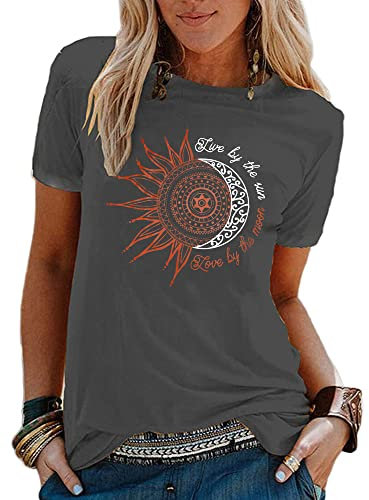 Abtel Sommer Damen T-Shirt Sunflower Print Muster Tshirt Kurzarm Shirt Rundhals Basic T Shirt Lose T-Shirts Casual Top Dunkelgrau L