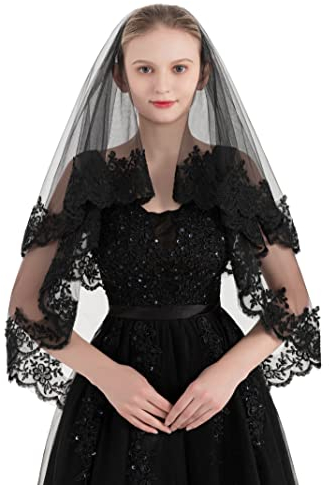 PAMOR Schwarzer Spitzenschleier Kreative Kathedrale Tüll Sheer Hochzeit Halloween Schleier für Braut Mit Handgenähten Metallkamm, Schwarz 3, Einheitsgröße