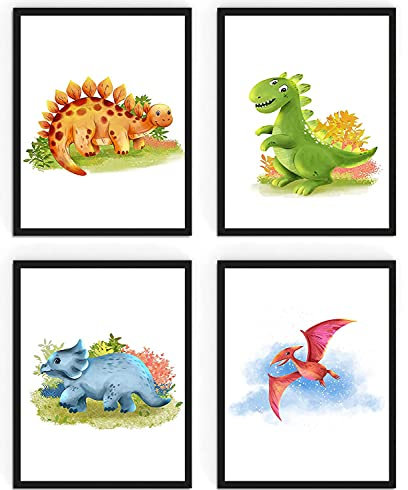 WIETRE® 4er Set Bilder Dinosaurier Kinderzimmer Babyzimmer Deko | Bild Junge Mädchen Poster DIN A4 | Dinos T-Rex Tiere (mit schwarzen Rahmen)