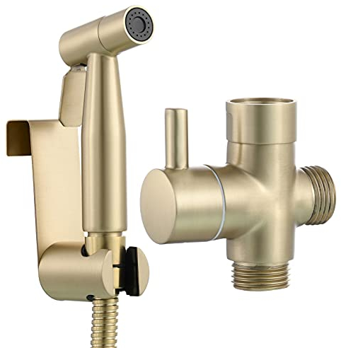 Tecmolog Bidet Handbrause Set Edelstahl Bidet Sprayer Shattaf Toilette mit Halterung und Schlauch, Gebürstetes Gold, WS024J2F