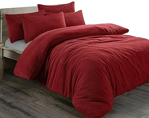Pinkfairy® Plain Teddy Fleece Duvet Cover Quilt Bedding Set With Pillow Cases, Warm Cozy Super Soft Fluffy Luxury Design Bedset Reversible Easy Care (Super King, Red)