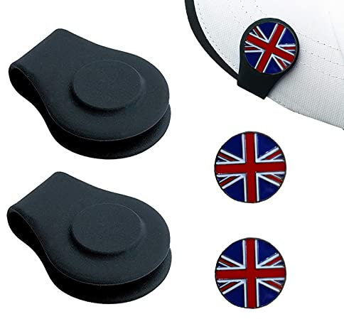 AMRTA Silicone Golf Hat Clip Holder 2 Pcs with 2 Ball Markers Magnetic for Putting Green, Personalised Golf Accessory Gifts for Golfer Men Women Ladies (BLACK + UK FLAG)