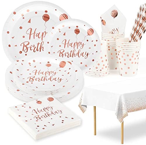 Assiette Jetable Anniversaire Blanche et Or Rose,16 Invités Vaisselle Jetable Anniversaire Blanc Or Rose Assiettes Carton Gobelets Serviettes Nappe Assiette Anniversaire Fille Femme