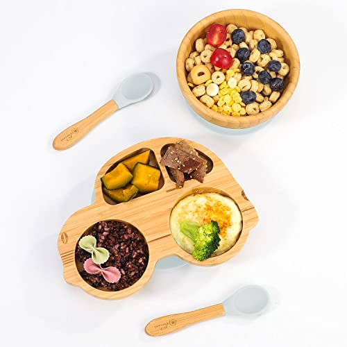 Vinsani Bamboo Car Plate Bowl and Spoon Set for Baby Toddler Kids Children, Suction Plate, Stay-Put Non-Slip Base Design, Hypoallergenic, Food-Grade Silicone and BPA-Free Baby Feeding Set (Grey)