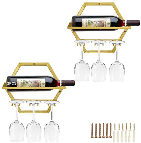 Giyiprpi Metall Wandmontierter Weinhalter Stemware Glass Rack, 2Pcs Hängendes Glas Weinregal Wandbehang Rotweinregal Organizer mit 3 Stielglashaltern für Home Kitchen Bar Displaydekor (Gold AA)
