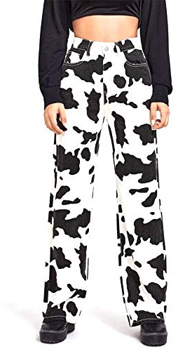 Achlibe Koreanische Damenjeans mit weitem Bein, modisches Kuhmuster, hohe Taille, Denim-Hose mit Tasche, schwarz / weiß, XS